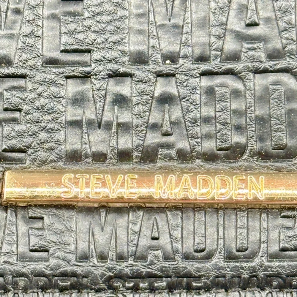 Steve Madden Black Pebbled Leather Mini Backpack Logo Embossed Gold Hardware